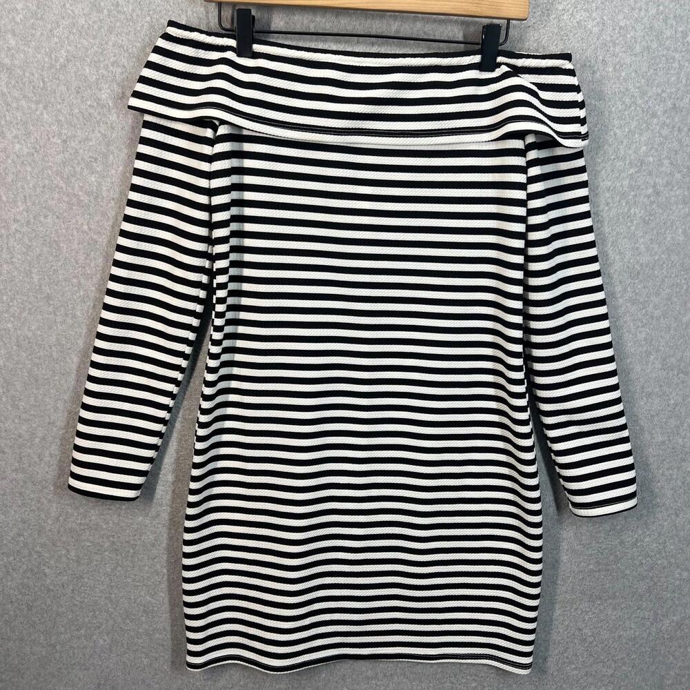 Trina Turk Navy Blue White Off Shoulder Dress Long Sleeve Womens M NWT